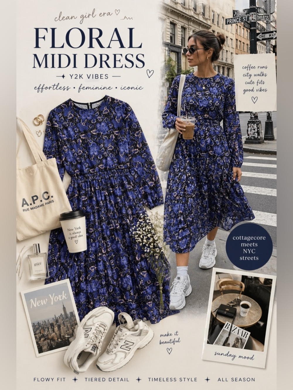 Blue Floral Tiered Midi Dress | Long Sleeve Boho Cottagecore